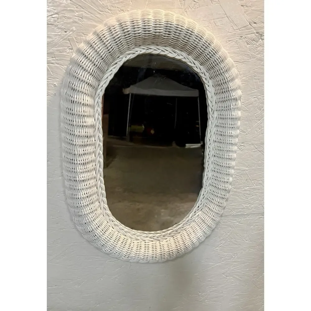 VTG Wicker Mirror White Oval WallAccent Coastal Beach Bohemian Cottagecore 27x18